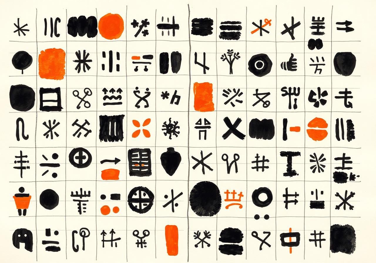 Grille de glyphes peints à la main en encre noire et orange, façon manuscrit annoté